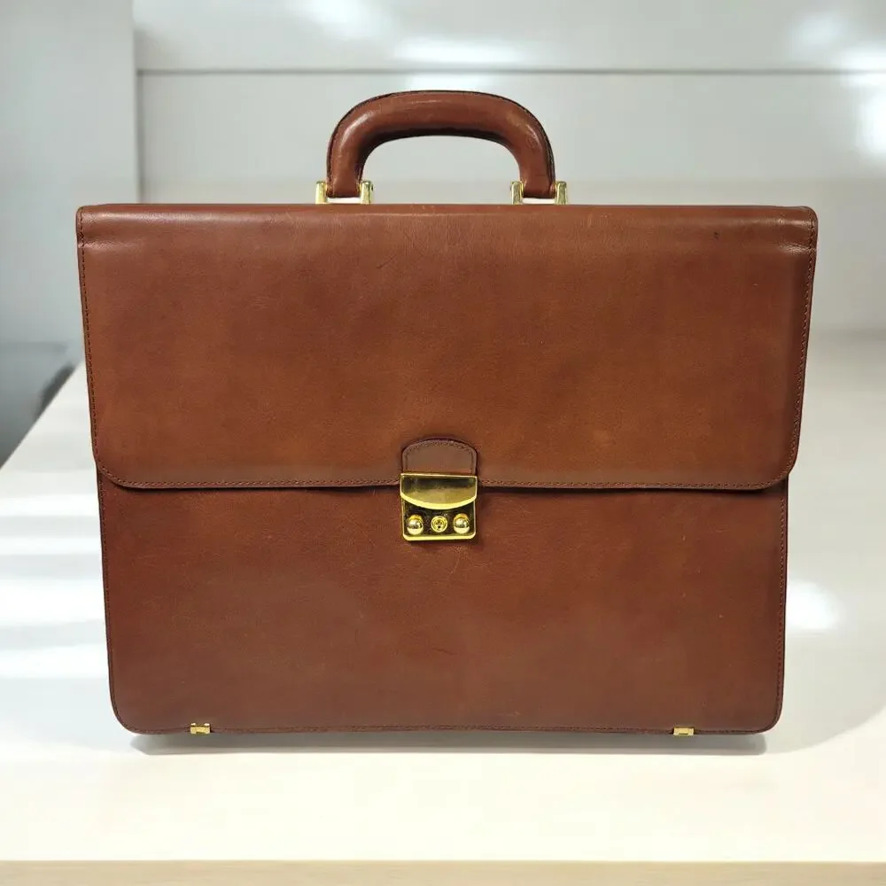 Vintage Leather Business Bag Briefcase Brown Attache Case Document Folder File